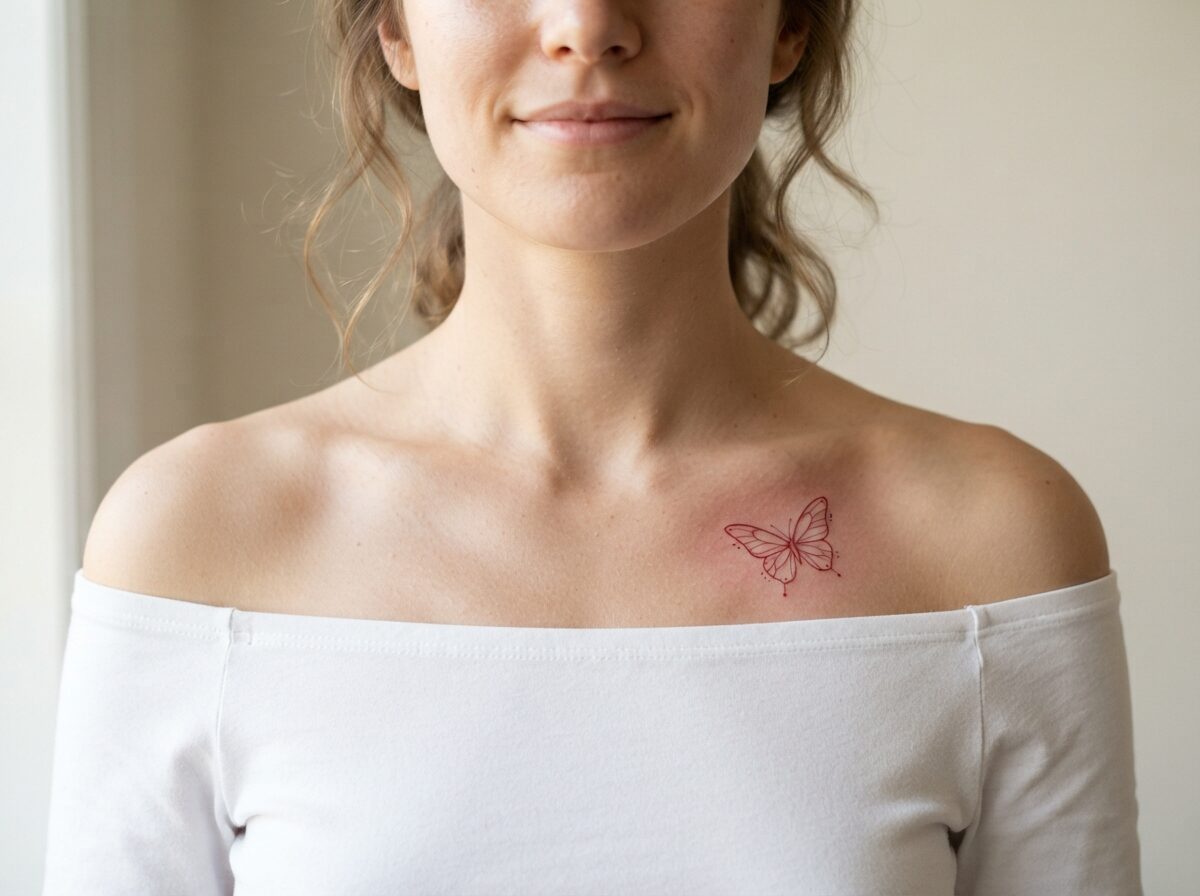 Red butterfly tattoo: fine line red butterfly on the collarbone