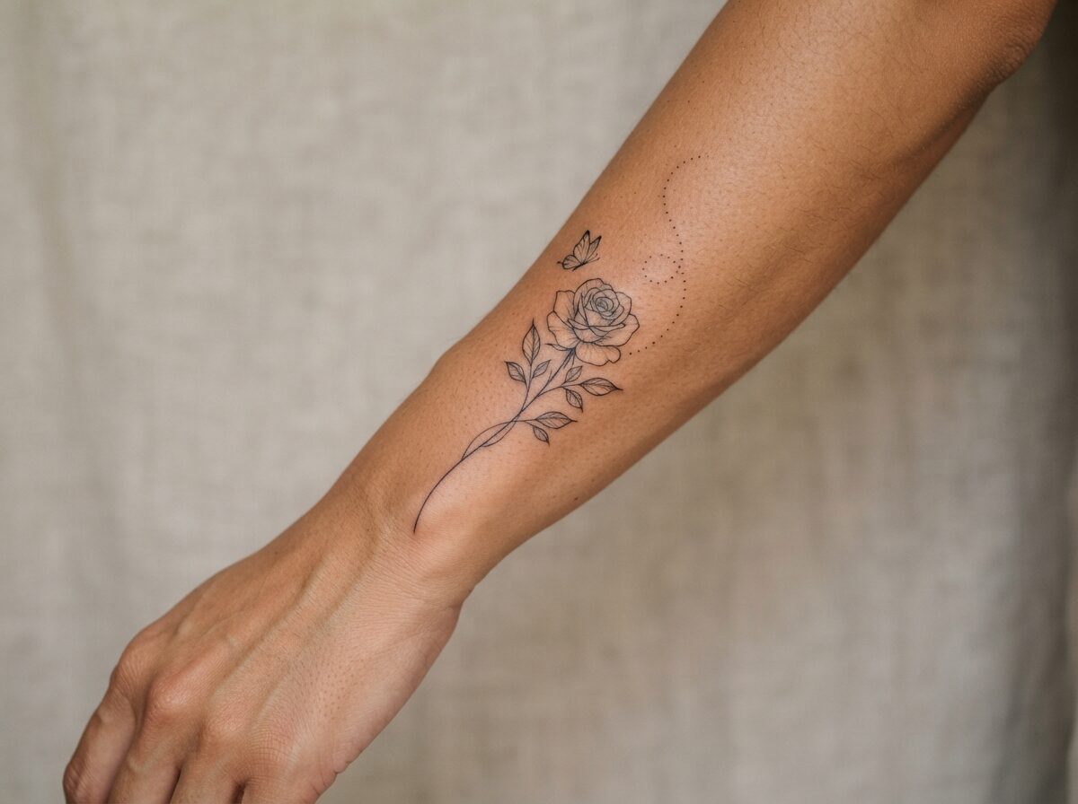 A long stemmed fine line rose with a tiny butterfly and a trail of dots on the inner forearm