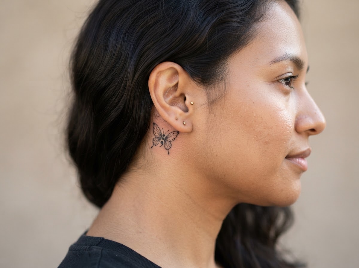 A fine line semicolon butterfly with thin wings and tiny dots behind the ear