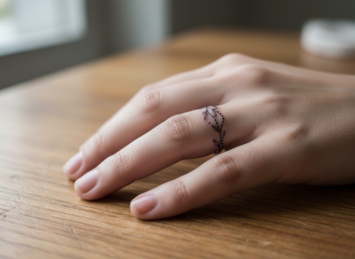 Finger tattoos for women: ring finger band on the ring finger