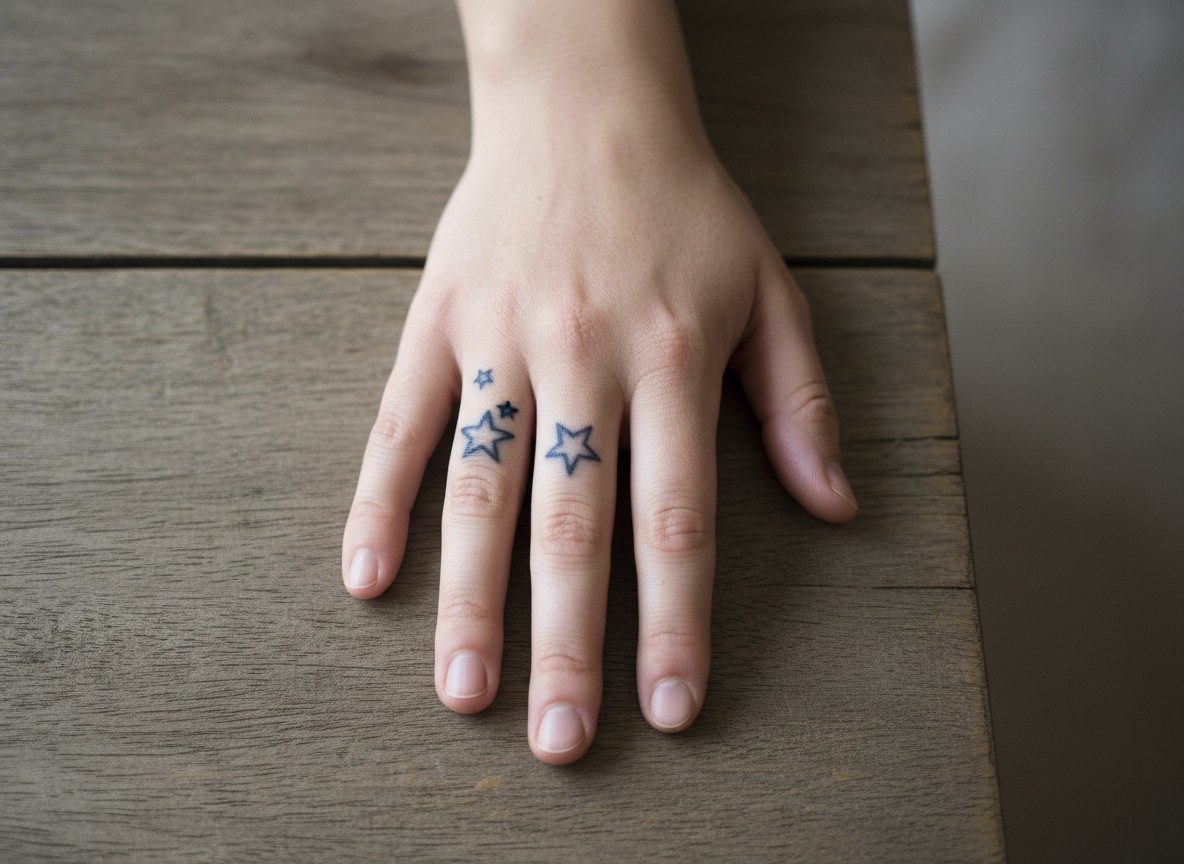 Finger tattoos for women: tiny star cluster on the side of the middle finger
