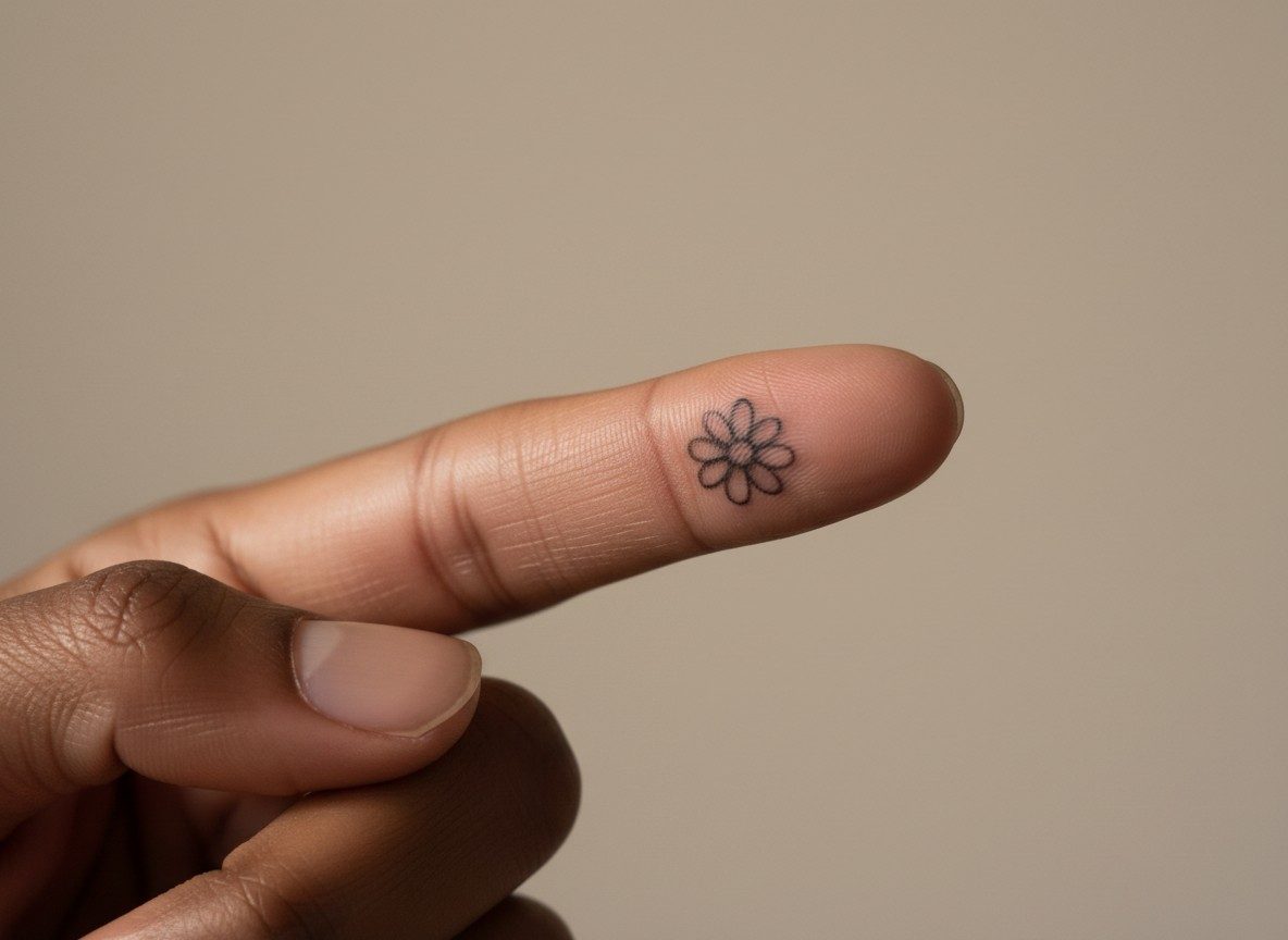 Finger tattoos for women: dainty flower on the top of the index finger