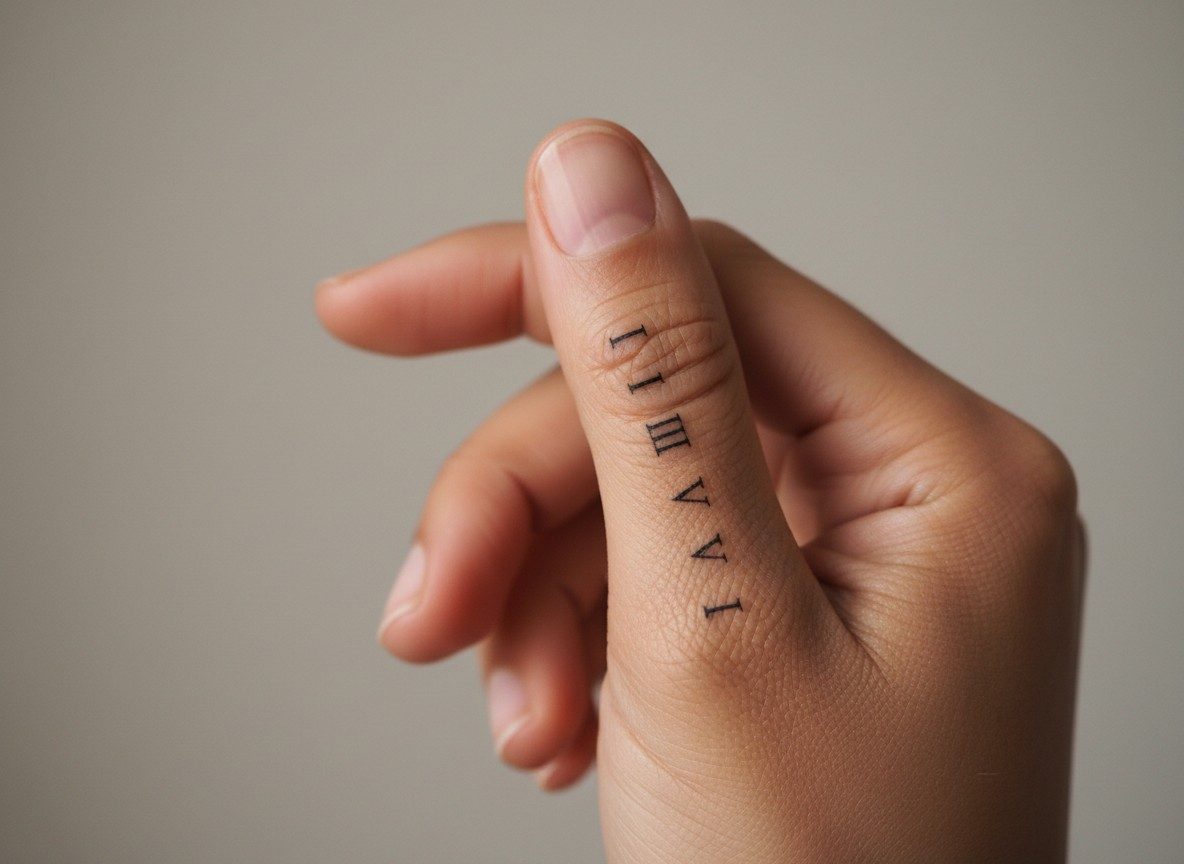 Finger tattoos for women: roman numeral date on the side of the index finger