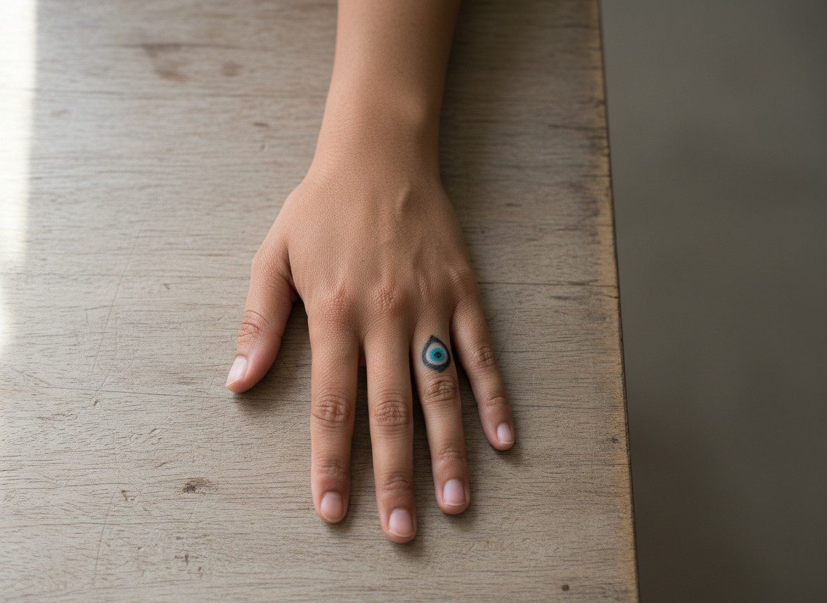 Finger tattoos for women: evil eye on the top of the ring finger
