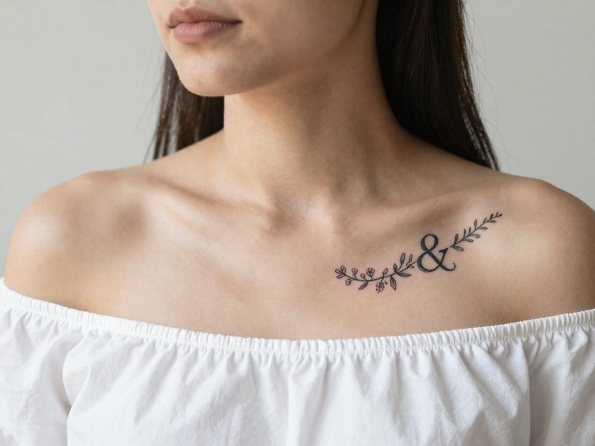 Ampersand symbol with tiny leaves and small flowers growing along its curves tattoo on the collarbone