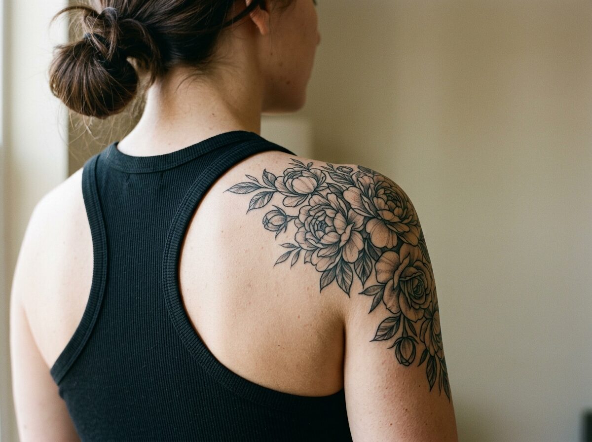 Shoulder tattoos for women: black and grey floral shoulder cap