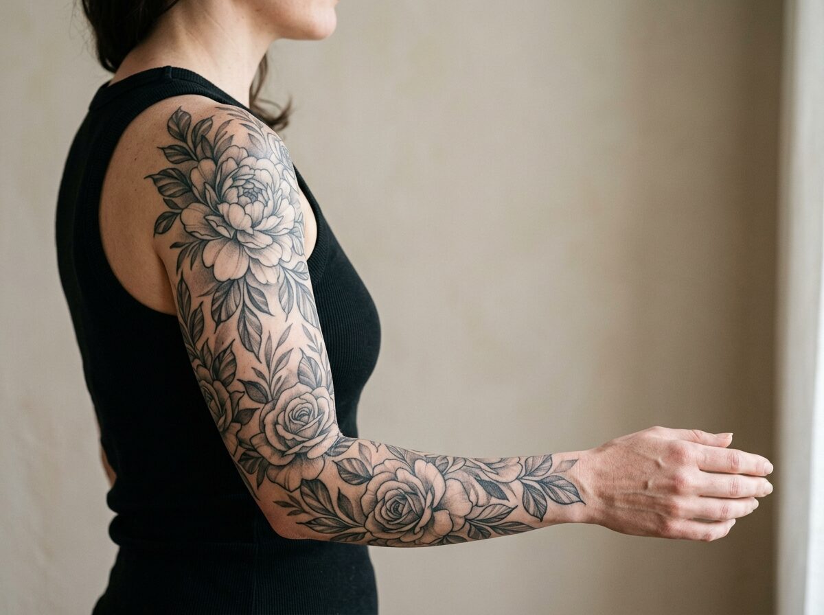 Sleeve tattoos for women: black and grey floral full sleeve