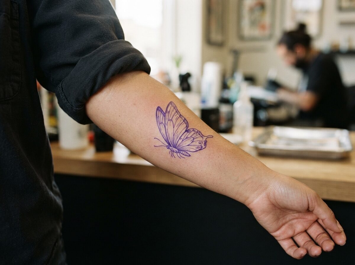 A flying butterfly in side view with wings in motion stencil on the outer forearm