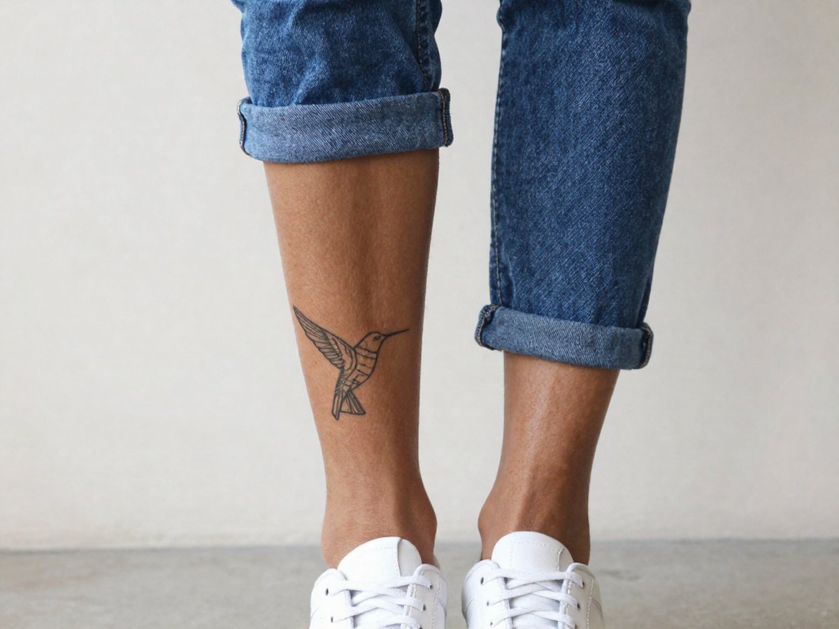 Geometric hummingbird made of triangles and straight lines tattoo on the back of the calf