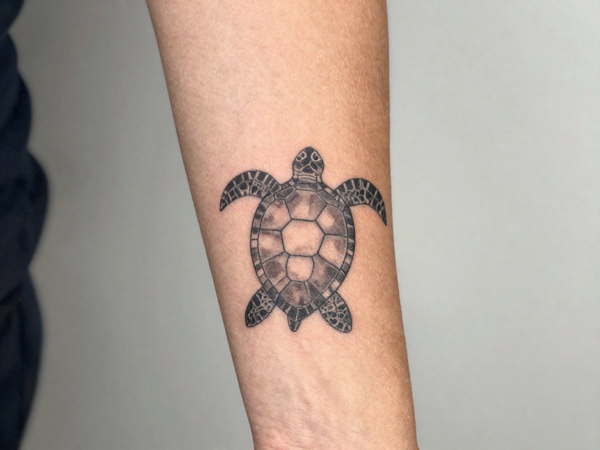 Geometric sea turtle made of triangles and hexagons tattoo on the inner forearm