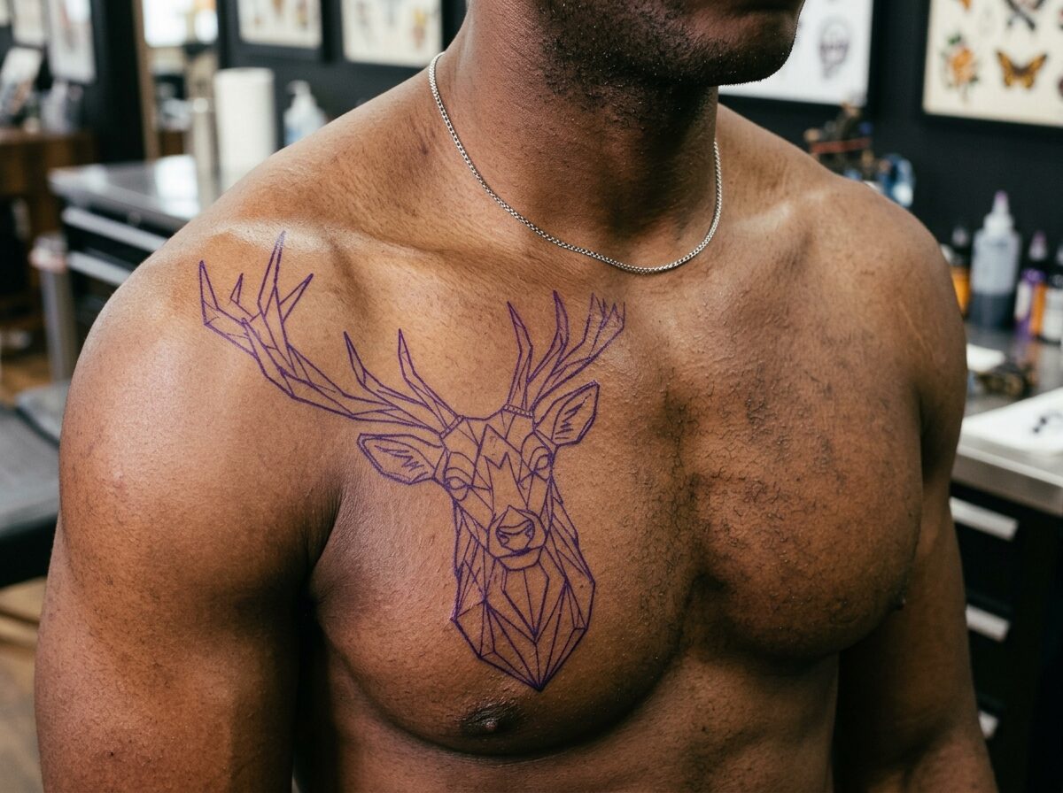 Geometric stag head tattoo stencil on a man's chest