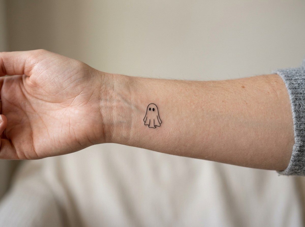 Ghost tattoo: tiny sheet ghost on the inner wrist