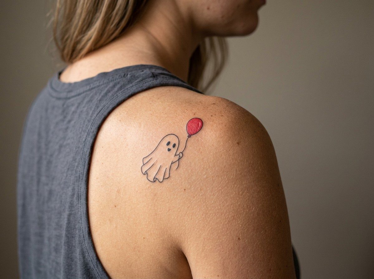 Ghost tattoo: ghost with a balloon on the shoulder