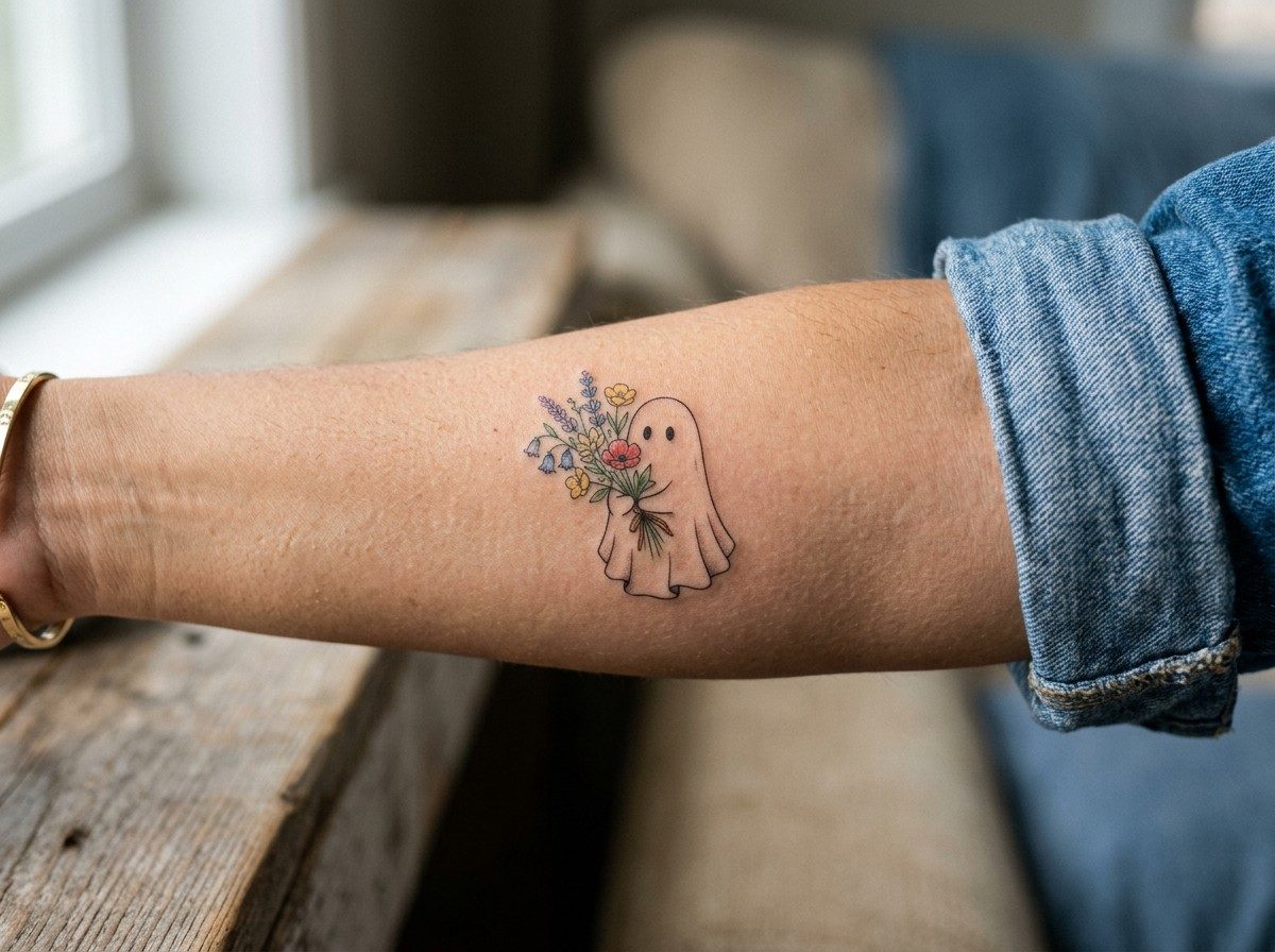 Ghost tattoo: ghost with flowers on the inner forearm