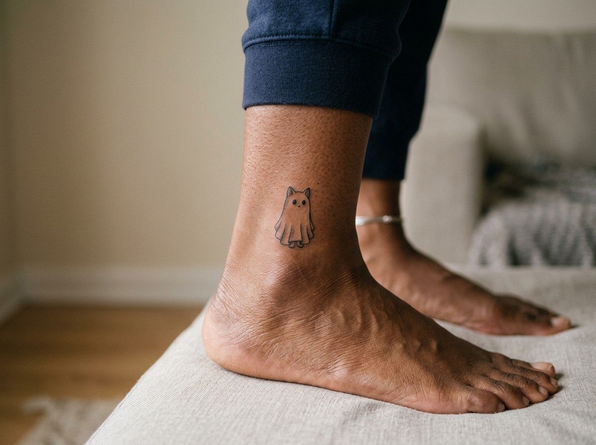 Ghost tattoo: ghost cat on the ankle