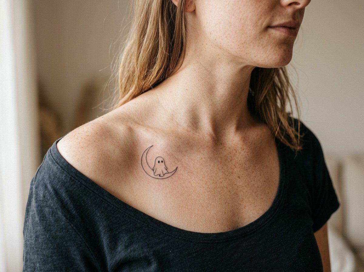 Ghost tattoo: ghost and crescent moon on the collarbone