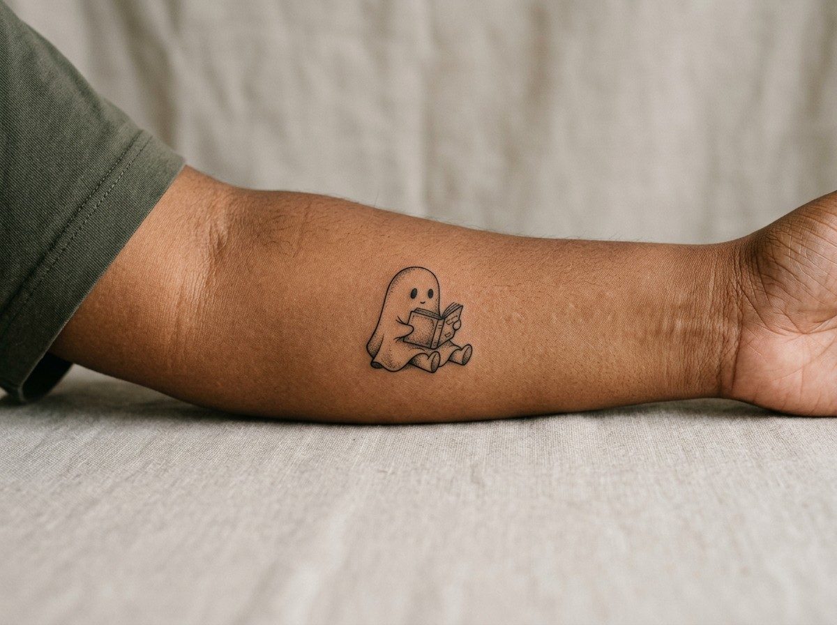 Ghost tattoo: ghost reading a book on the outer forearm