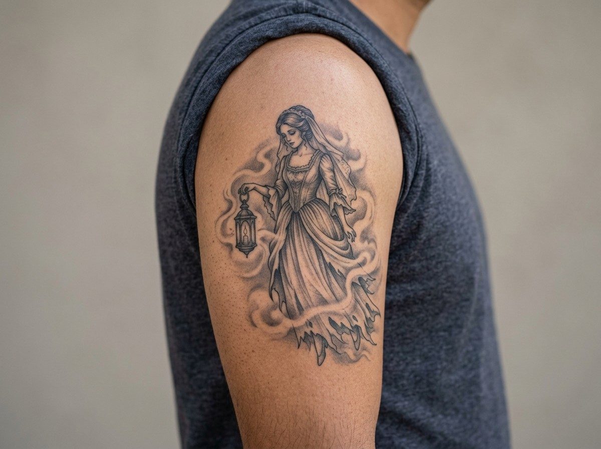 Ghost tattoo: victorian ghost on the upper arm