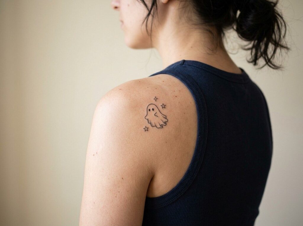 Ghost tattoo: cute sheet ghost holding flowers on the forearm