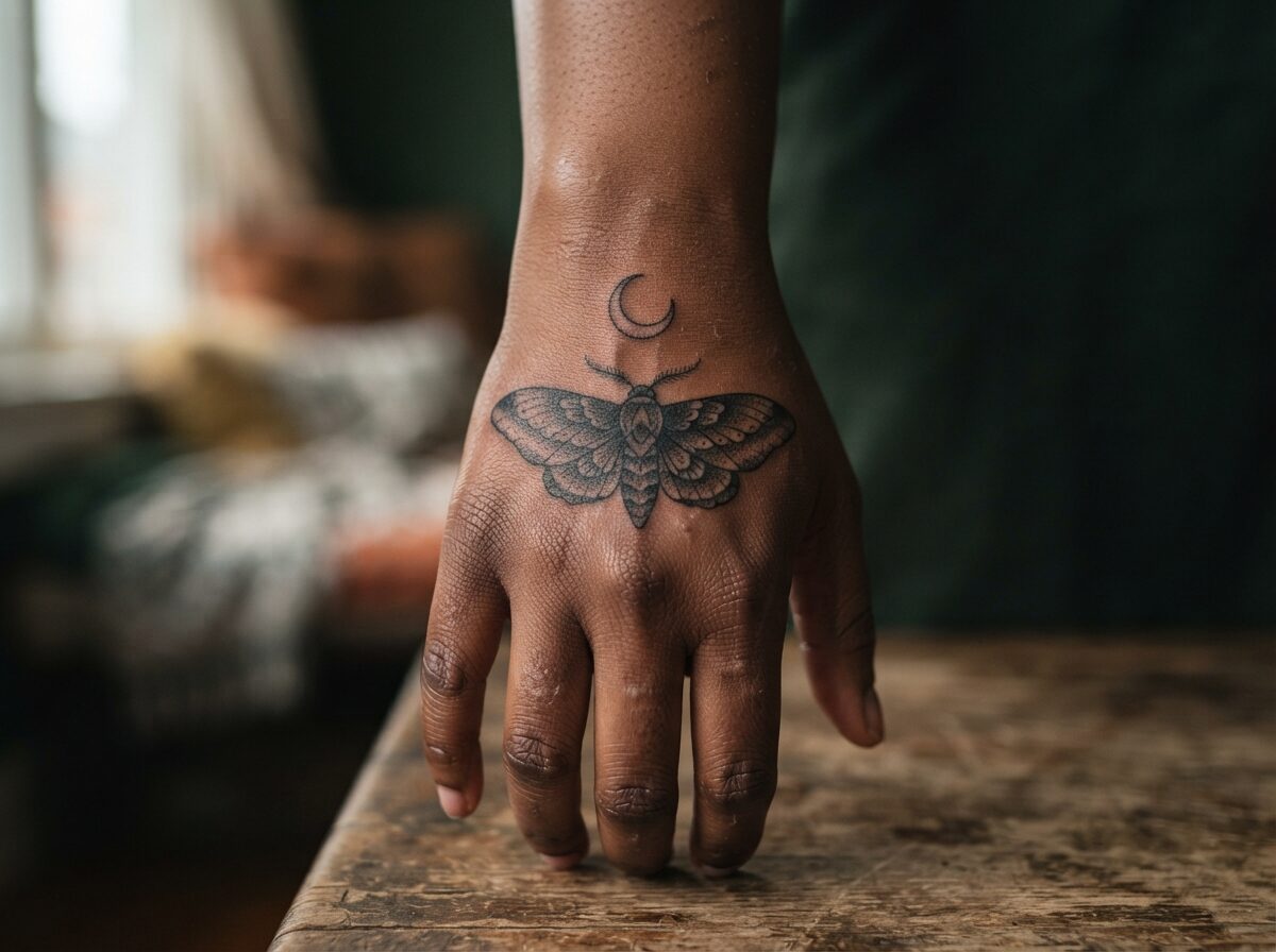 Gothic moth tattoo on the back of the hand