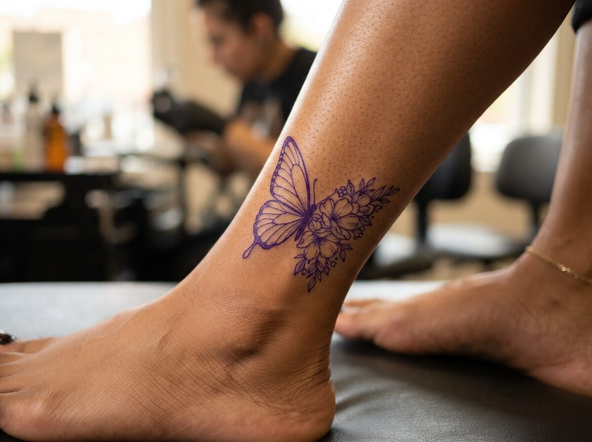 Half butterfly half flower, one side wing and one side blooms stencil on the outer ankle