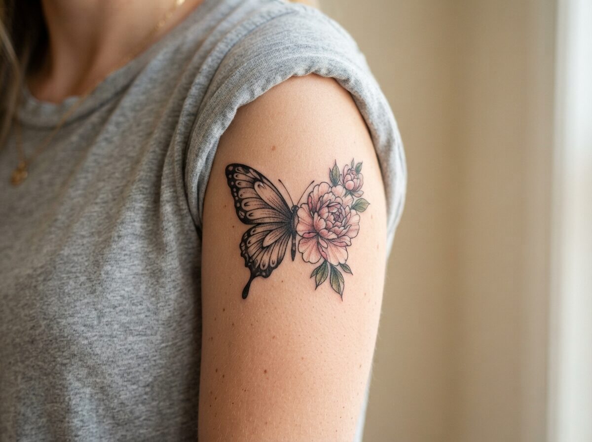 Butterfly flower tattoo: Half butterfly half peony, one side a butterfly wing and the other a peony bloom on the upper arm