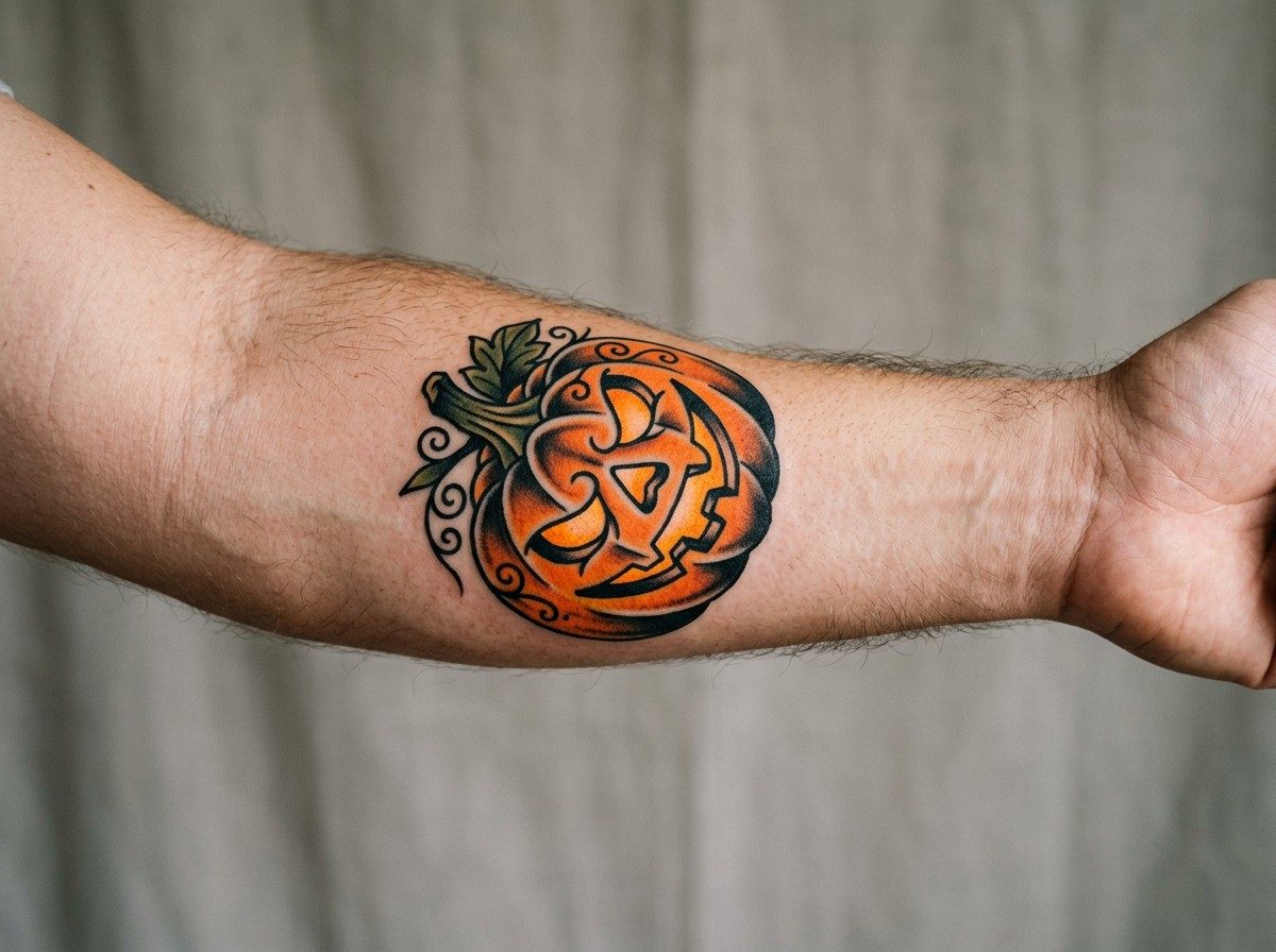 Halloween tattoo: traditional jack o lantern on the forearm