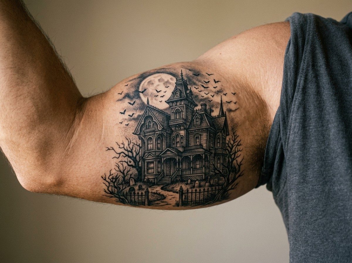 Halloween tattoo: haunted house on the upper arm