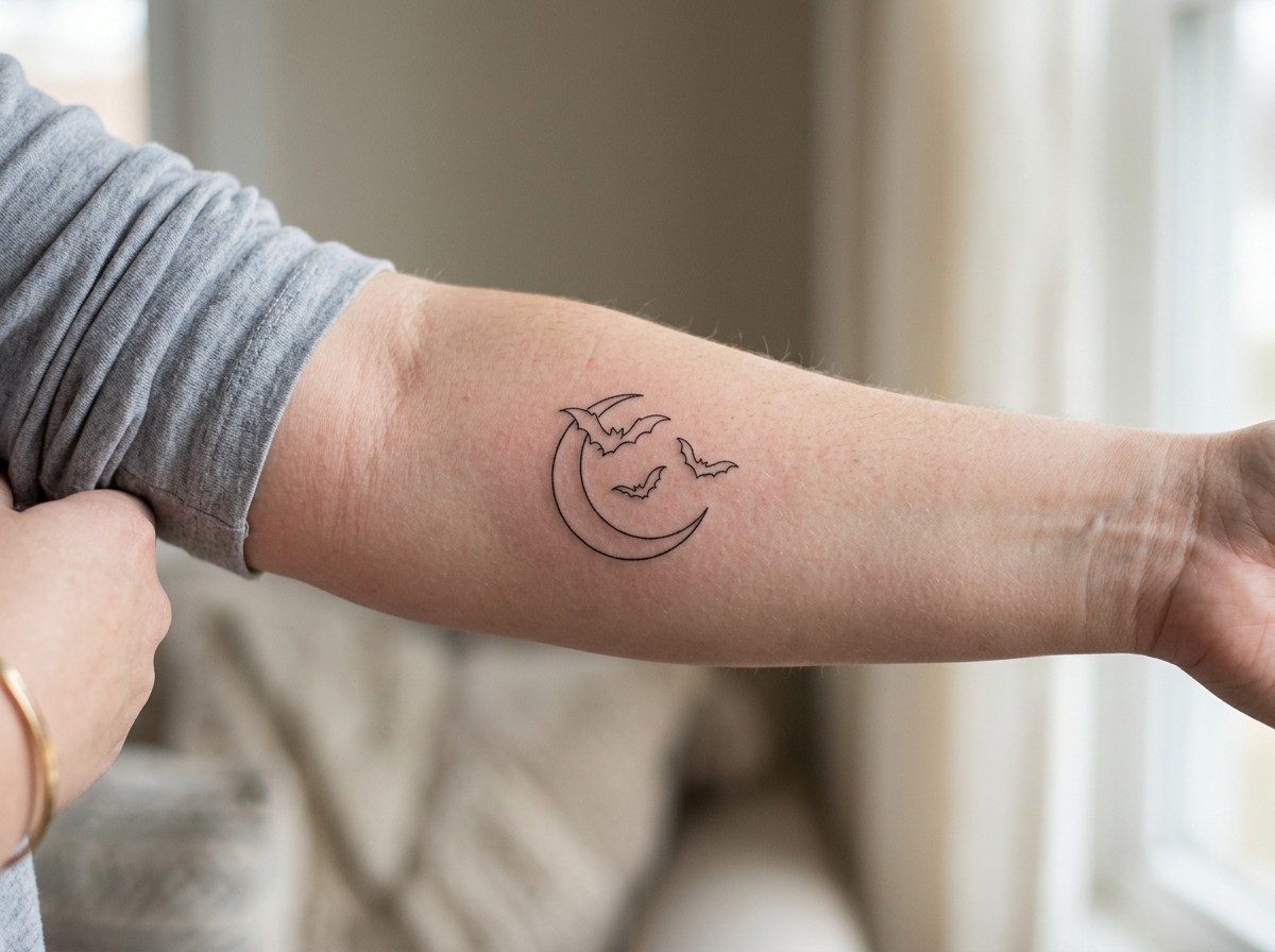 Halloween tattoo: moon with bats on the inner forearm