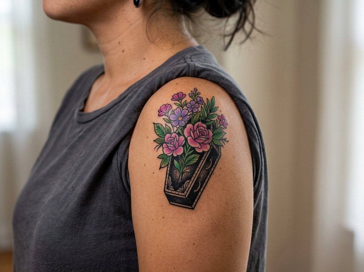 Halloween tattoo: coffin with flowers on the shoulder