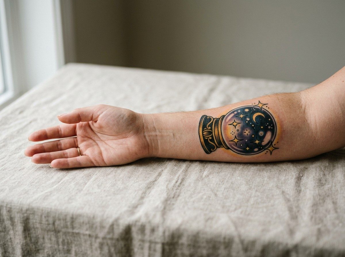 Halloween tattoo: crystal ball on the forearm