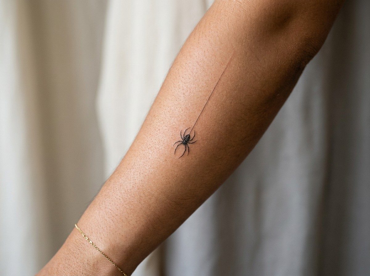 Halloween tattoo: hanging spider on the outer forearm