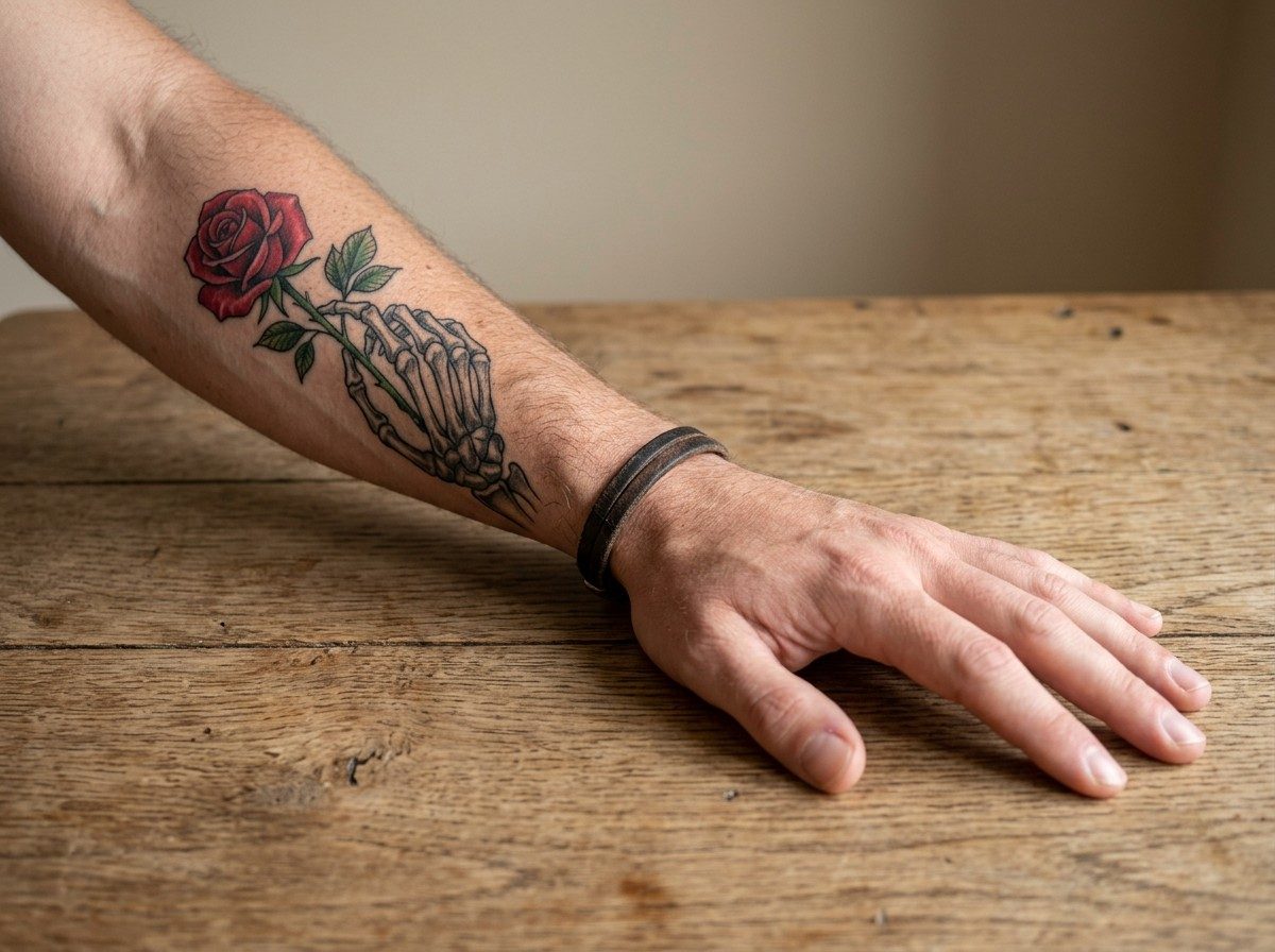Halloween tattoo: skeleton hand with a rose on the forearm
