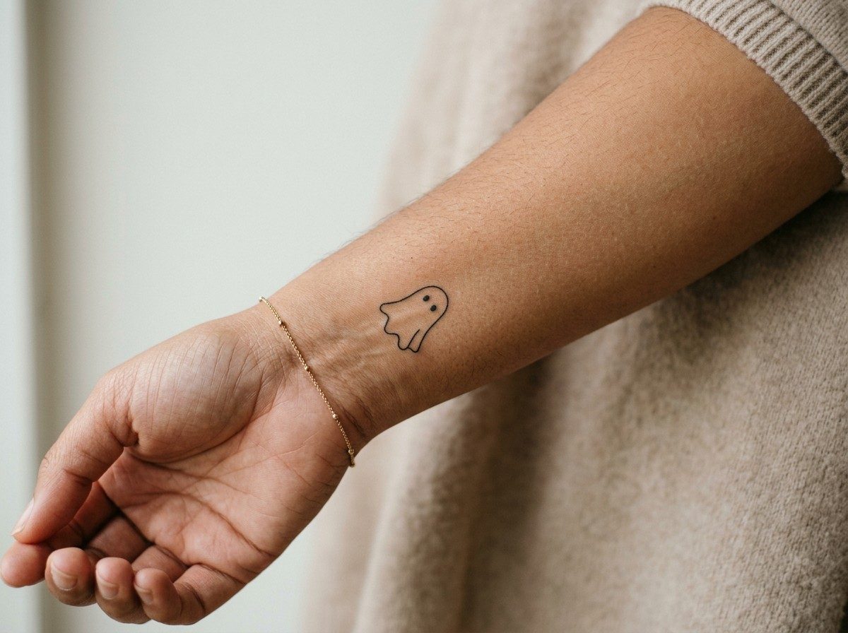 Halloween tattoo: tiny sheet ghost on the inner wrist