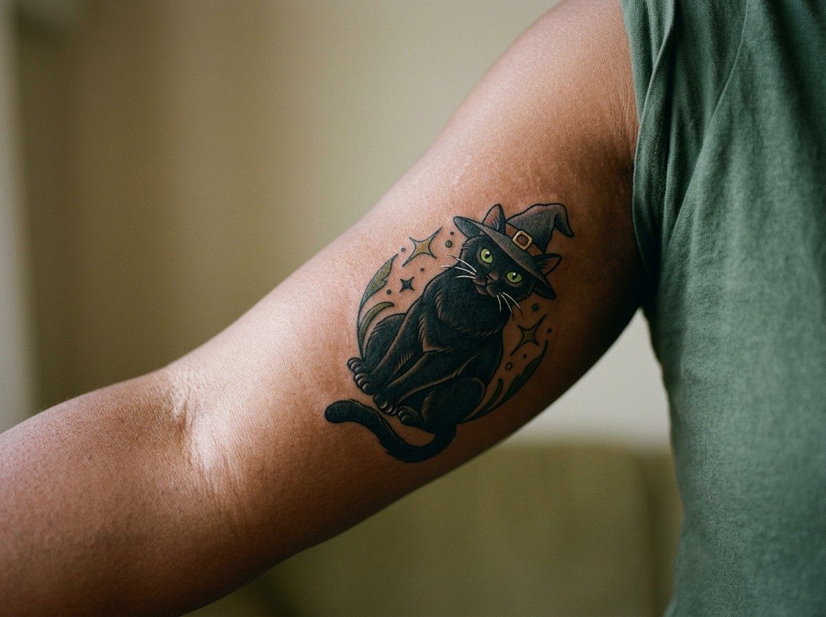 Halloween tattoo: black cat in a witch hat on the upper arm