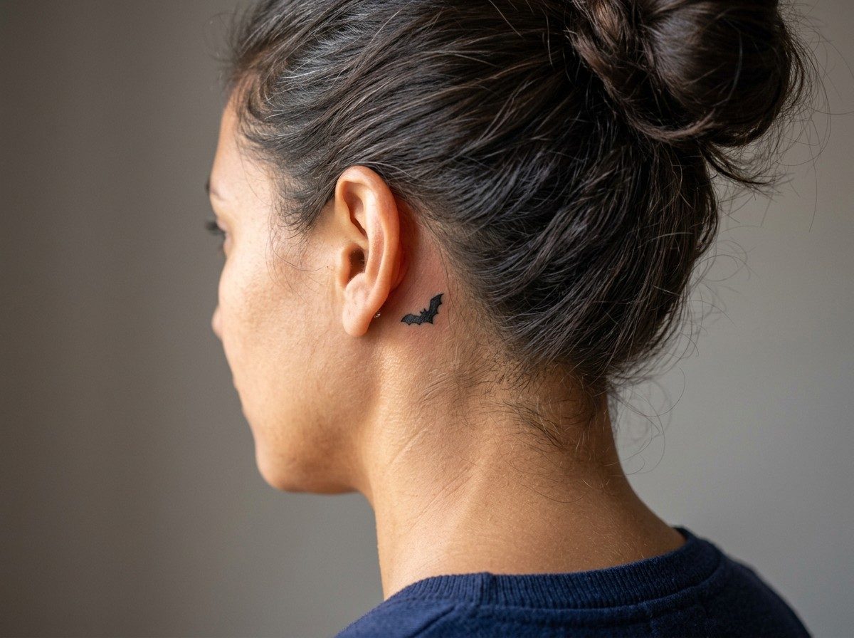 Halloween tattoo: bat silhouette behind the ear