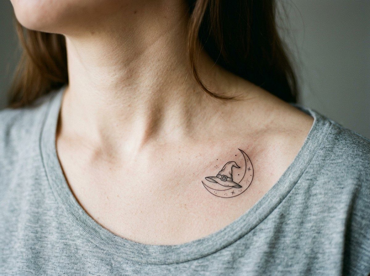 Halloween tattoo: witch hat and crescent moon on the collarbone