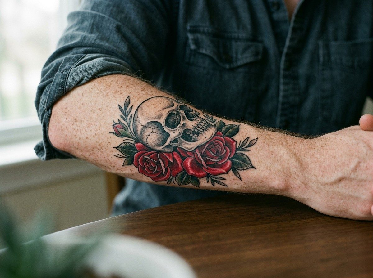 Halloween tattoo: skull and roses on the outer forearm
