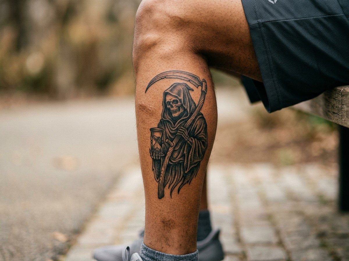 Halloween tattoo: grim reaper on the lower leg (human calf muscle)