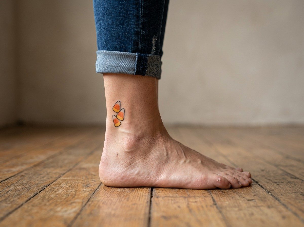 Halloween tattoo: candy corn on the ankle on the ankle