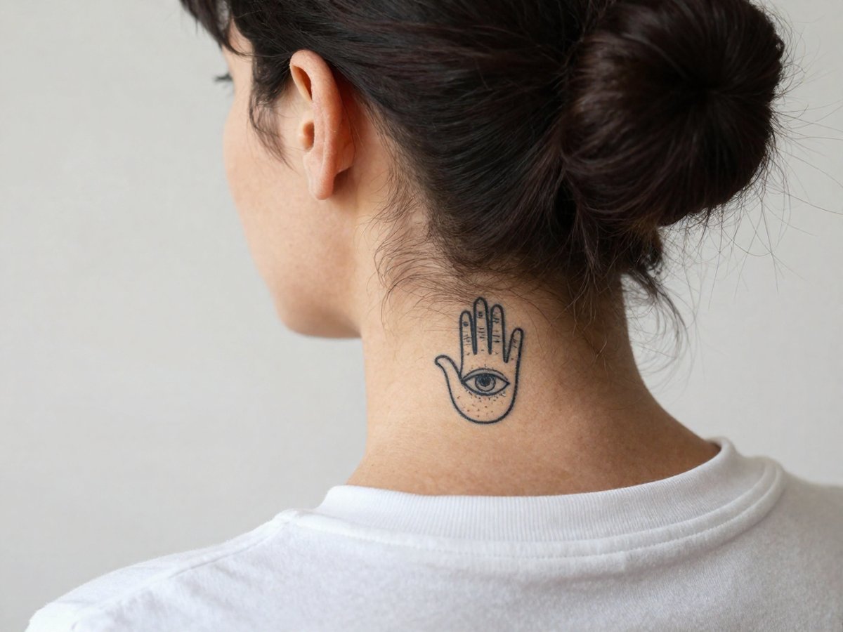 Hamsa hand with an eye in the palm tattoo on the back of the neck