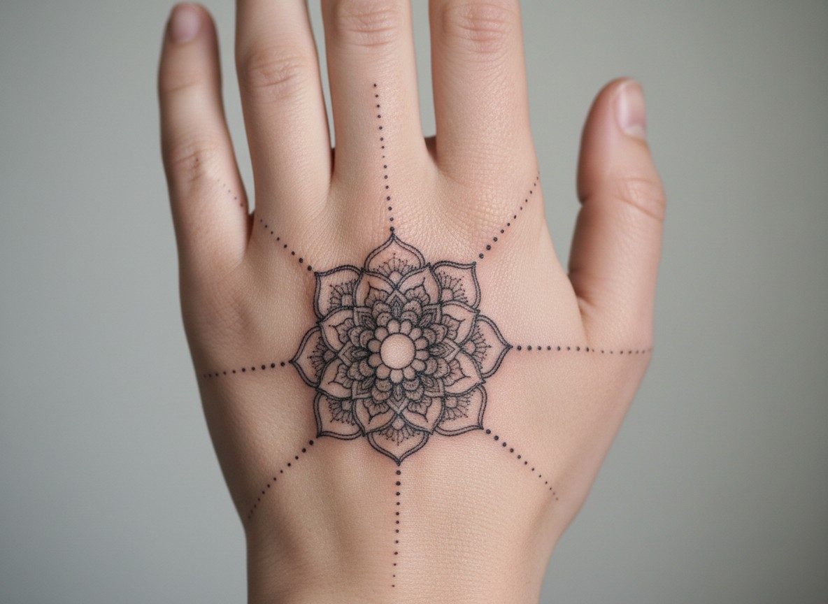 Hand tattoos for women: ornamental mandala on the back of the hand