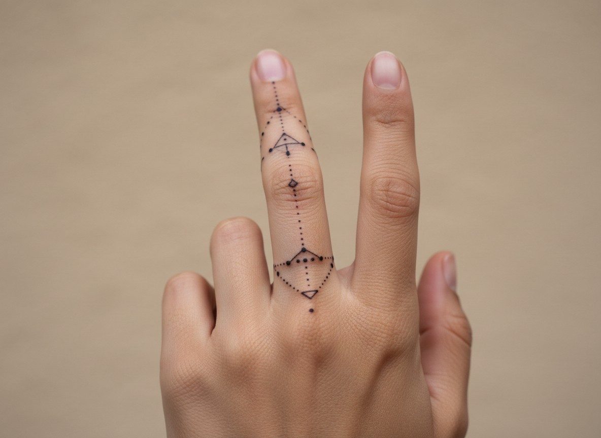 Hand tattoos for women: minimal dots and lines on the fingers and back of the hand