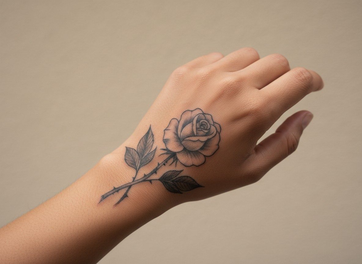 Hand tattoos for women: single rose on the back of the hand