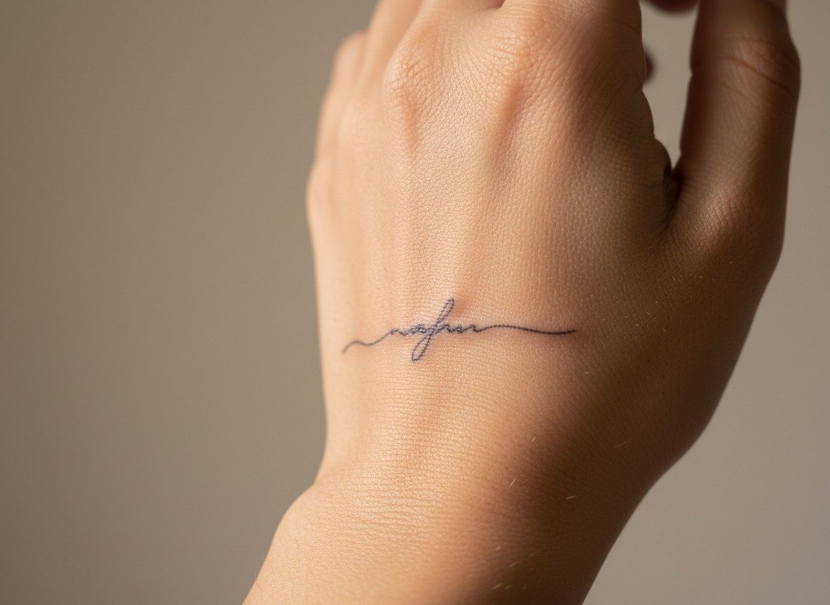 Hand tattoos for women: side of the hand script on the side of the hand