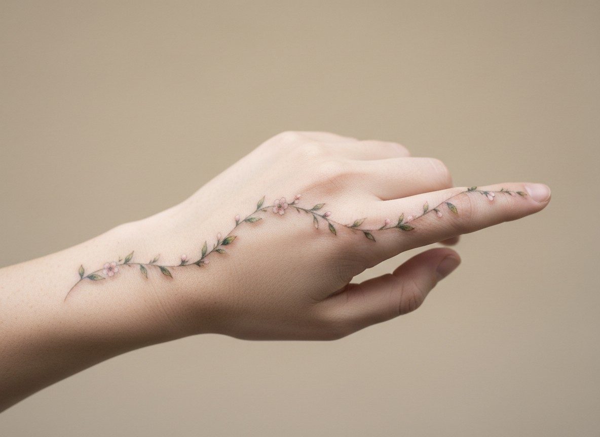 Hand tattoos for women: floral vine on the back of the hand