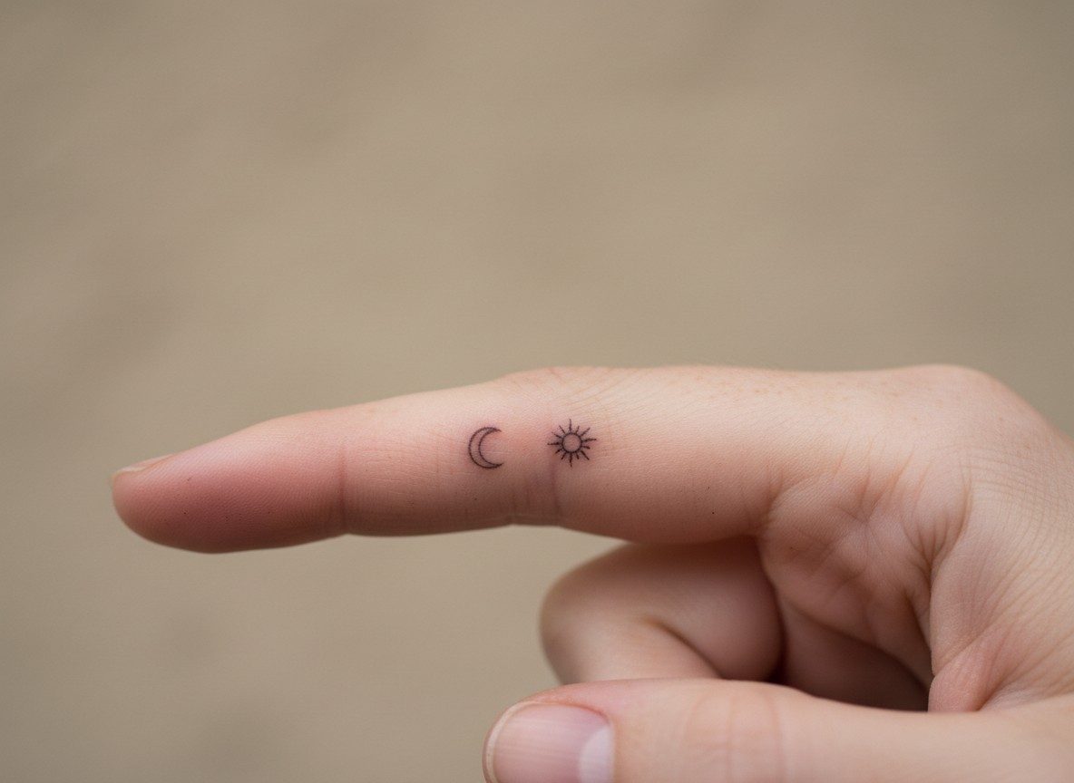 Hand tattoos for women: tiny sun and moon on the space between thumb and index finger