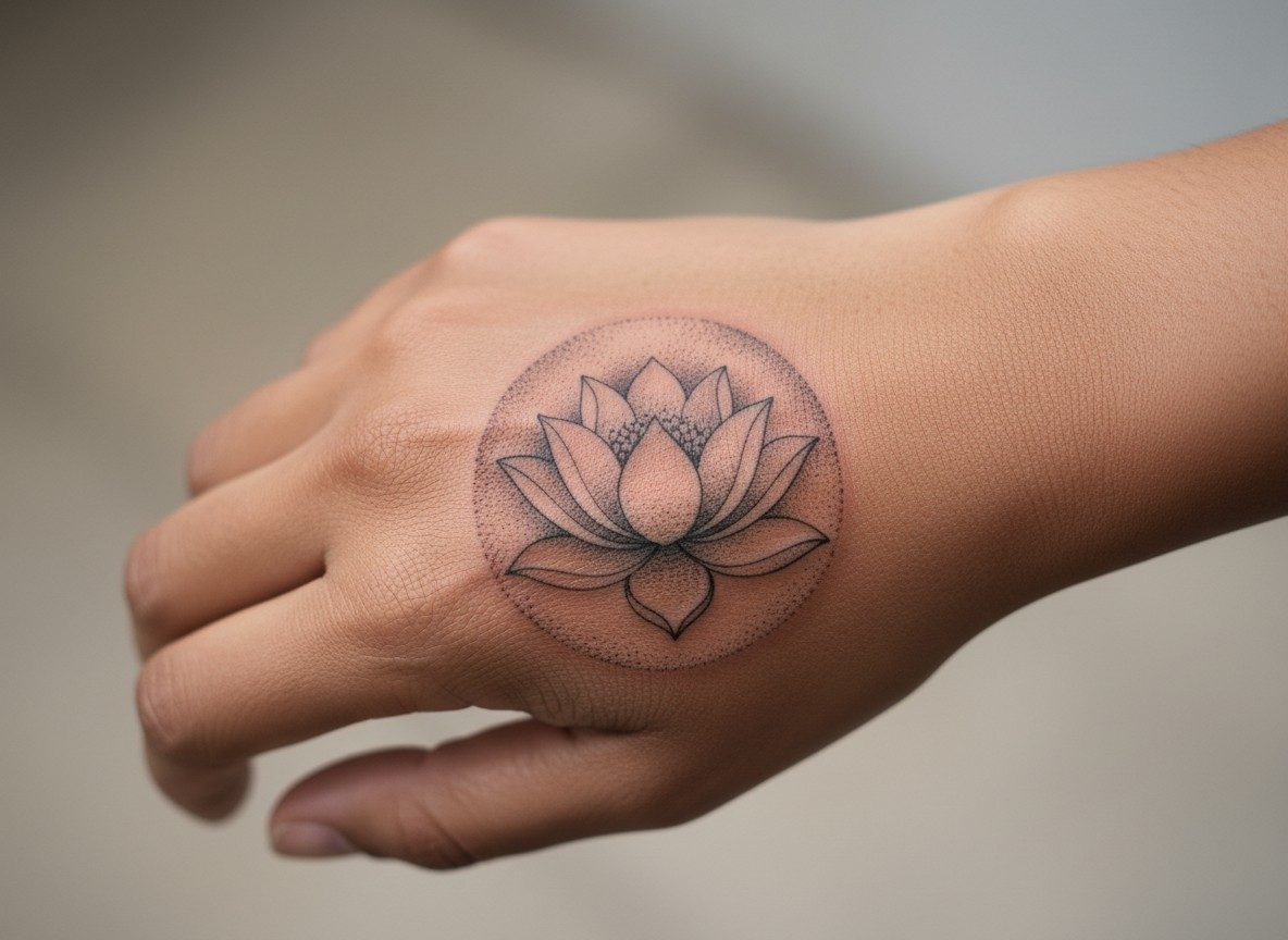 Hand tattoos for women: lotus flower on the back of the hand