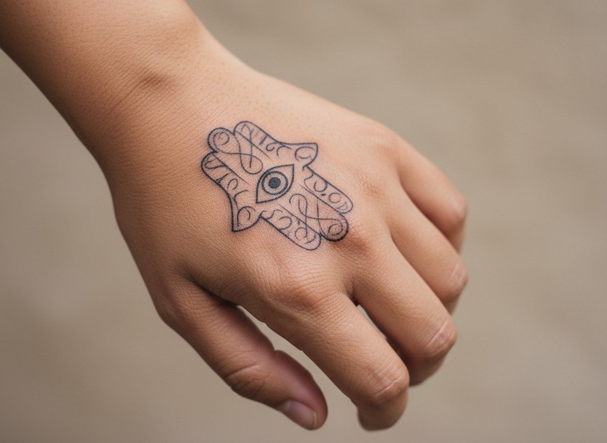 Hand tattoos for women: evil eye hamsa on the back of the hand