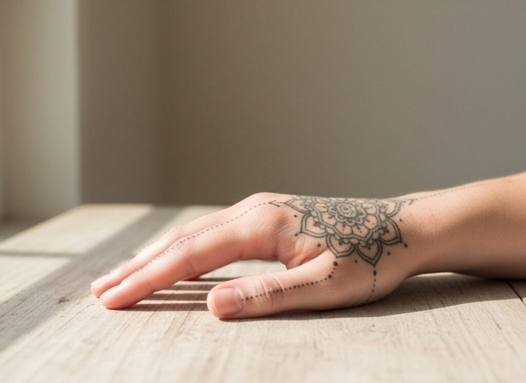 Hand tattoos for women: ornamental mandala on the back of the hand